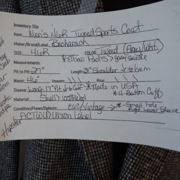 Vintage Bacharach Wool Tweed Men's 46R Sorts Coat Costumer Union Label Collectib - Picture 2 of 16